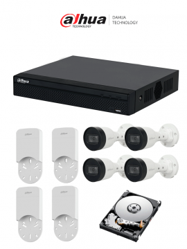 Kit IP de 4 canales con NVR con 4 puertos PoE, 1TB de almacenamiento, y 4 cámaras bullet de 2MP con clasificación IP67. Incluye caja de conexiones PFA12A de policarbonato resistente, ideal para exteriores.